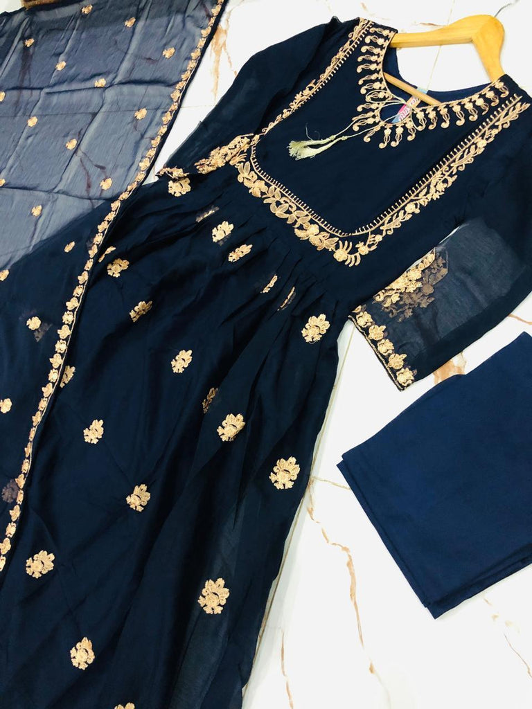 Stylish Blue Embroidered Maxi Suit - 3 Pcs Ensemble