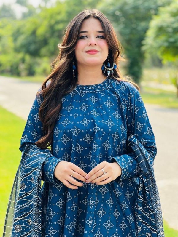 Uswa Zia 3 Piece Printed Swiss Lawn Suit – Blue, Stitched Suit (standard Size)