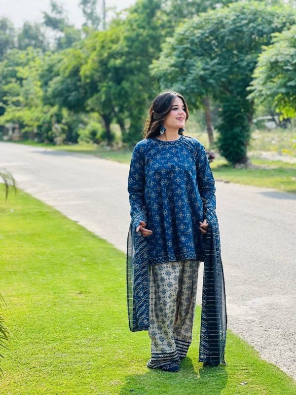 Uswa Zia 3 Piece Printed Swiss Lawn Suit – Blue, Stitched Suit (standard Size)