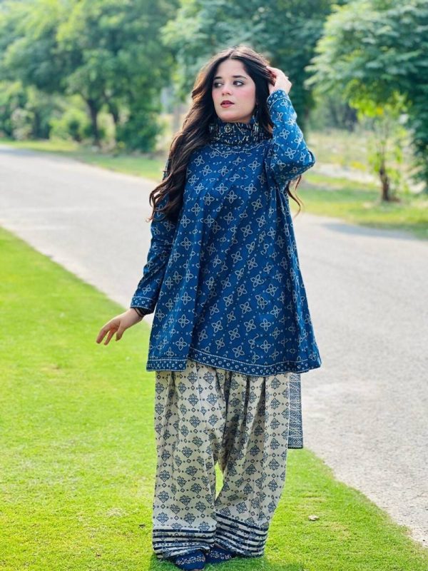 Uswa Zia 3 Piece Printed Swiss Lawn Suit – Blue, Stitched Suit (standard Size)
